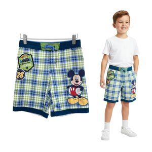 Disney Boys Swim Trunks Shorts 5-6 Mickey Mouse Plaid Boardshorts Navy Green